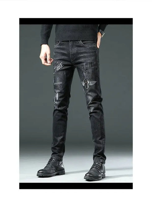 Slim Fit Korean Streetwear Graphical Printed Luxury Hip-Hop Stretch Denim Jeans for Men - Perfect Medium Wash Jeans Outfit